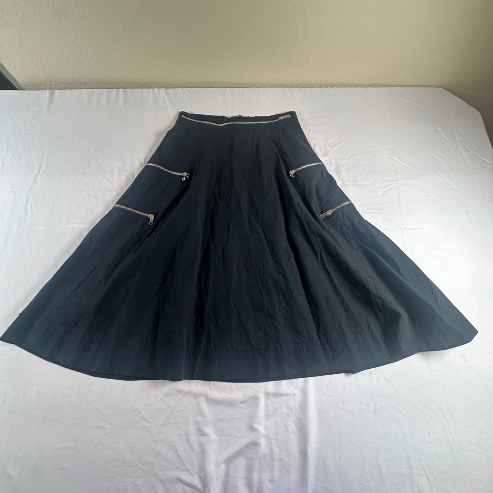 Black A-Line Midi Skirt Multi-Zipper Hardware Accents Utilitarian Style Goth S